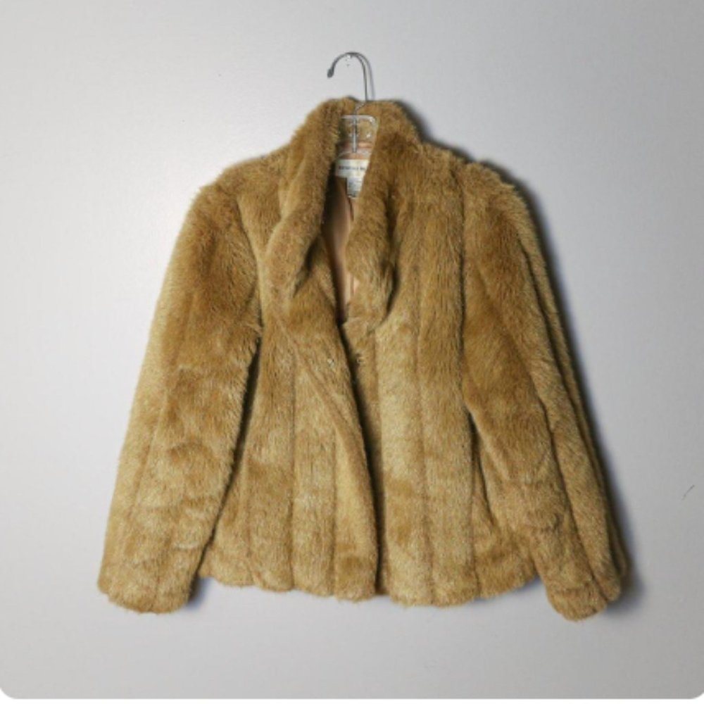TAN, SOFT FAUX FUR COAT WITH METAL CLASPS, SATIN LINED